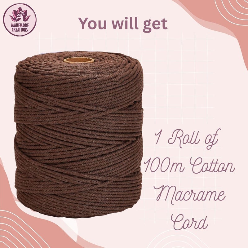 Makemore Creations Macrame Cotton Cord - Colored 3mm Dori,100m Length Soft Cotton Rope for Wall Hanging, Plant Hanger, Macrame Coasters, Weaving, Dream Catchers & DIY Craft Projects (Dark Brown) - Image 2