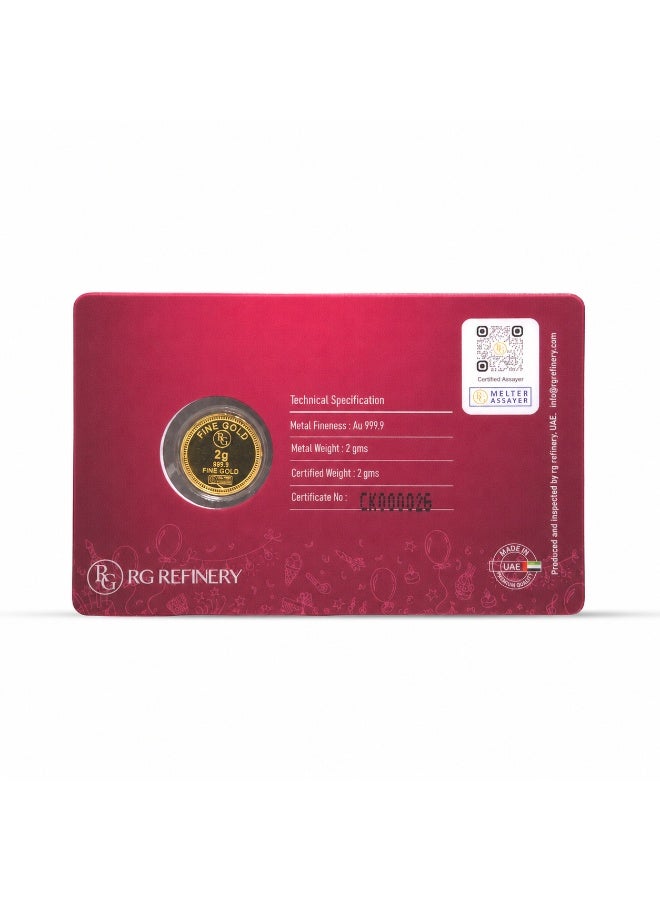RG REFINERY Rafmoh Bullion 2 Grams 24k Gold Coin with Happy Birthday Design - 2 Grams Gold Coin 24KT 999.9 Purity - Image 4