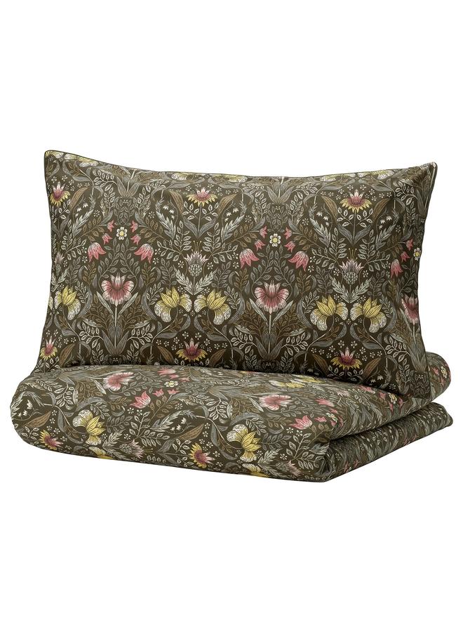 erorex Duvet cover and pillowcase, dark green/multicolour, 150x200/50x80 cm - Image 1