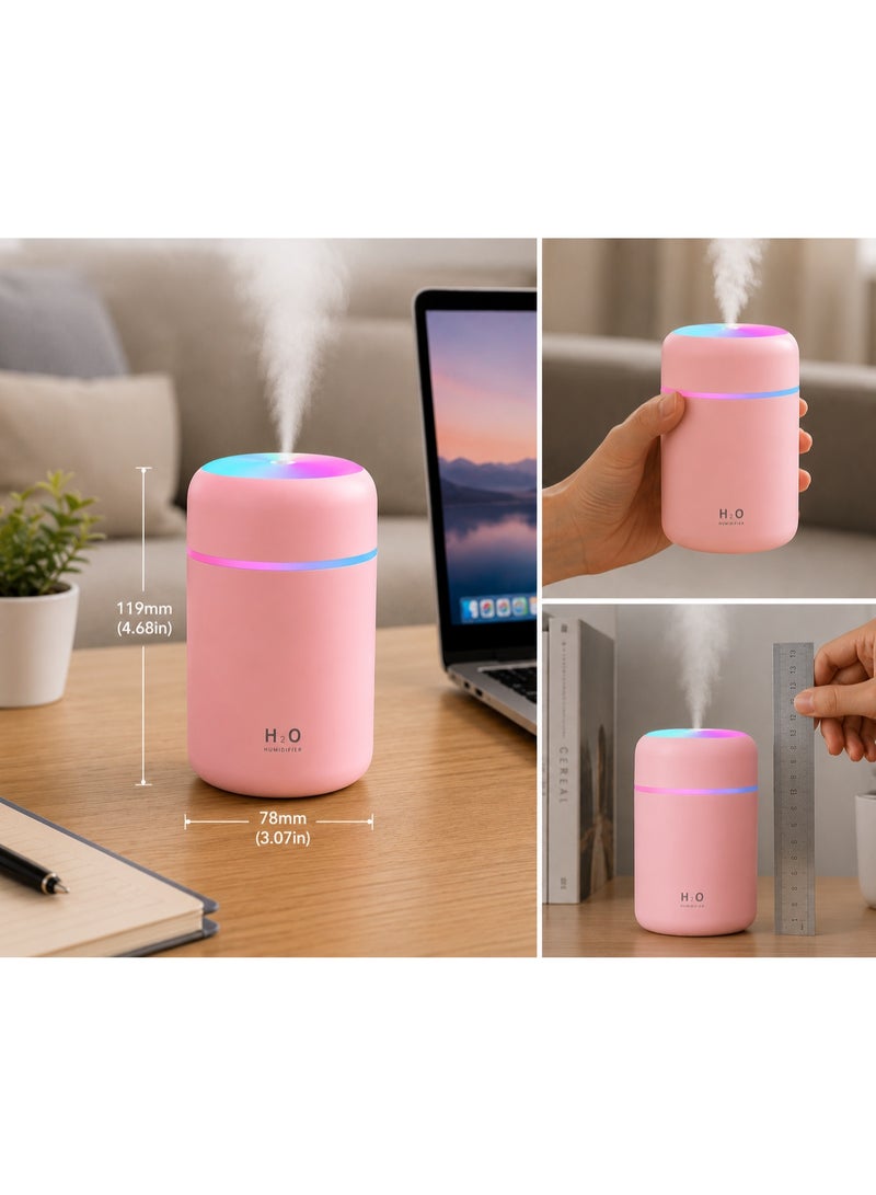 اتش 2 او فواحة زيوت عطرية USB سعة 300 مل لون وردي مع إضاءة LED ملونة ورذاذ نانوي – قطعة واحدة - Image 3