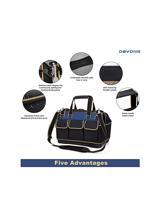 DAYONG حقيبة أدوات ذات فم واسع، حقائب تخزين أدوات متعددة الجيوب، حقيبة توت ثقيلة التحمل بسعة كبيرة مع قاعدة مصبوبة، منظم أدوات قماش أكسفورد للنجارين والكهربائيين والميكانيكيين (17 بوصة، أسود) - Image 4