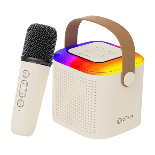 pTron Newly Launched Fusion Tunes 10W Mini Bluetooth Speaker, Wireless Karaoke Mic, 8Hrs Playtime, Vivid RGB Lights, Voice Effects, Multi-Play Modes BT5.1/TF Card & Type-C Charging (Light Cream) - Image 1