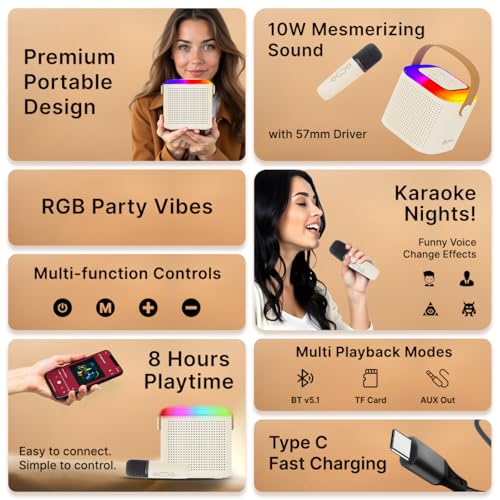 pTron Newly Launched Fusion Tunes 10W Mini Bluetooth Speaker, Wireless Karaoke Mic, 8Hrs Playtime, Vivid RGB Lights, Voice Effects, Multi-Play Modes BT5.1/TF Card & Type-C Charging (Light Cream) - Image 2