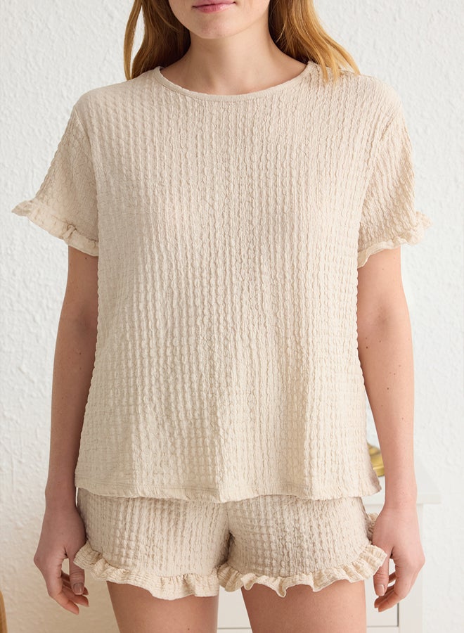 trendyol Ecru Solid Ruffled Crepe Knitted Pajama Set THMSS25PT00018 - Image 3