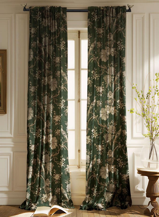 StangH Green Floral Curtains 84 Inches Long,Printed Bird Peacock Velvet Drapes with Elegant Vintage Design for Living Room Farmhouse,W52xL84,2 Panels - Image 2