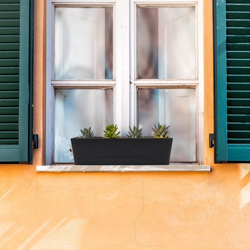 GREANER صناديق زراعة نافذة GREANER 3 قطع 16x3.8 بوصة، صناديق مستطيلة سوداء مع فتحات تصريف وصواني، وعاء بلاستيكي للأعشاب والنباتات العصارية والزهور للنافذة، الحديقة، الشرفة، الديكور الداخلي والخارجي - Image 4