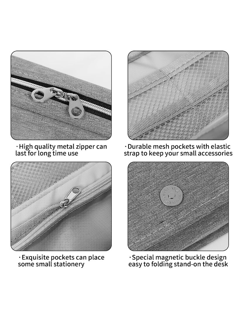 Standing Pencil Case Big Capacity Pencil Pouch Large Stationery Organizer Bag Canvas Office School Supplies for Primary Middle College Students Girls Boys Grey - Image 2