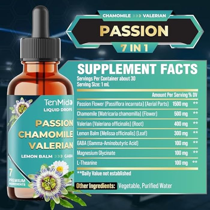 Tenmido 7in1 Passion Flower Extract Liquid Drops with Chamomile, Valerian, Lemon Balm, L-Theanine, GABA, and Magnesium Glycinate - 30ml 1 Fl Oz - Image 2
