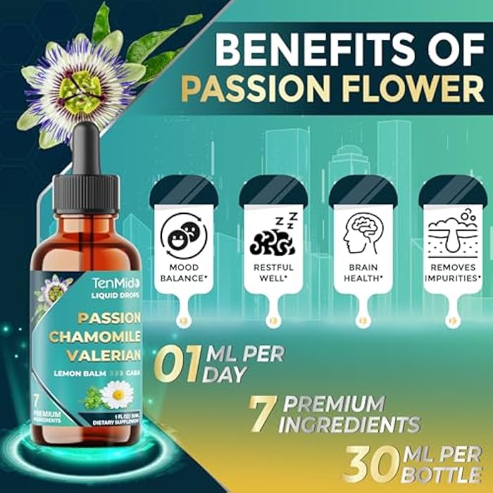 Tenmido 7in1 Passion Flower Extract Liquid Drops with Chamomile, Valerian, Lemon Balm, L-Theanine, GABA, and Magnesium Glycinate - 30ml 1 Fl Oz - Image 5