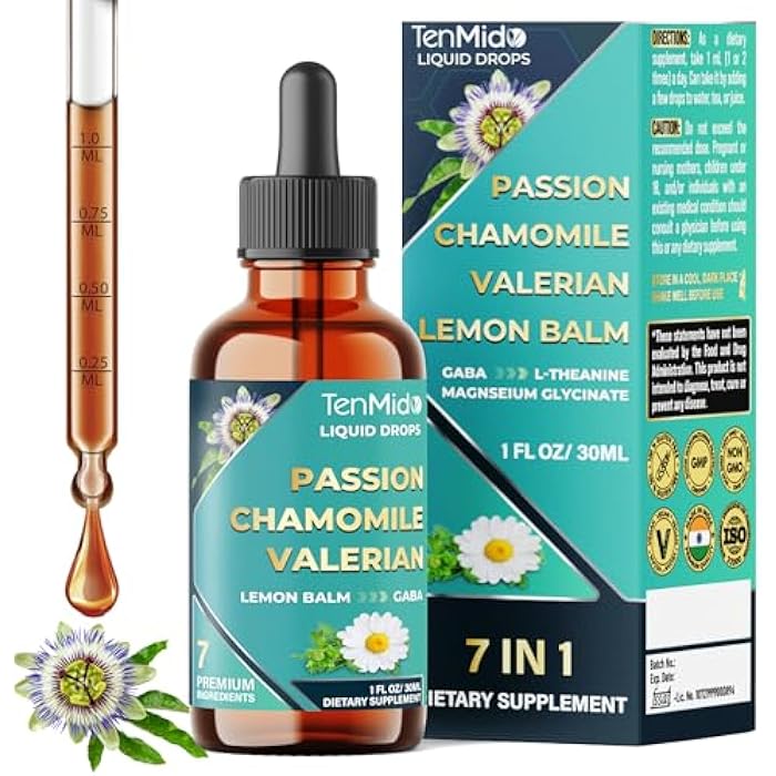 Tenmido 7in1 Passion Flower Extract Liquid Drops with Chamomile, Valerian, Lemon Balm, L-Theanine, GABA, and Magnesium Glycinate - 30ml 1 Fl Oz - Image 1