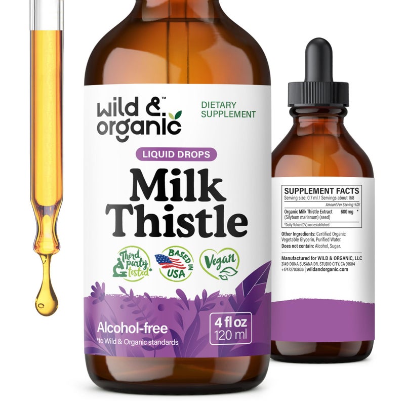Wild & Organic Wild Organic Milk Thistle Liquid Drops Liver Cleanse Detox Silymarin Milk Thistle Supplement for Liver Support Silybum Marianum Seed Extract Tincture Vegan Sugar AlcoholFree 4 fl oz 