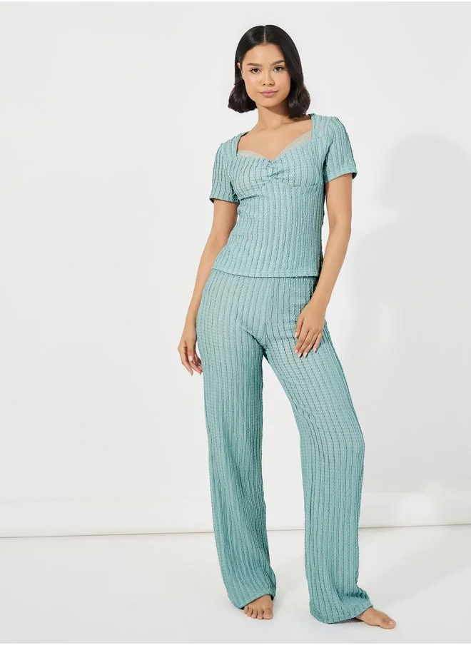 Styli Ribbed Lace Trim Gathered Top & Pyjama Set