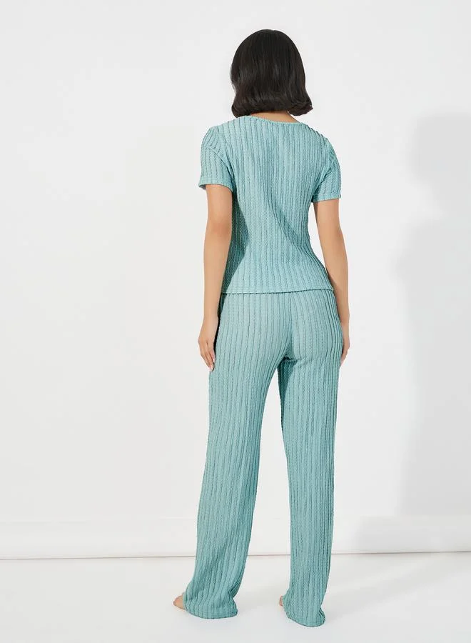 Styli Ribbed Lace Trim Gathered Top & Pyjama Set