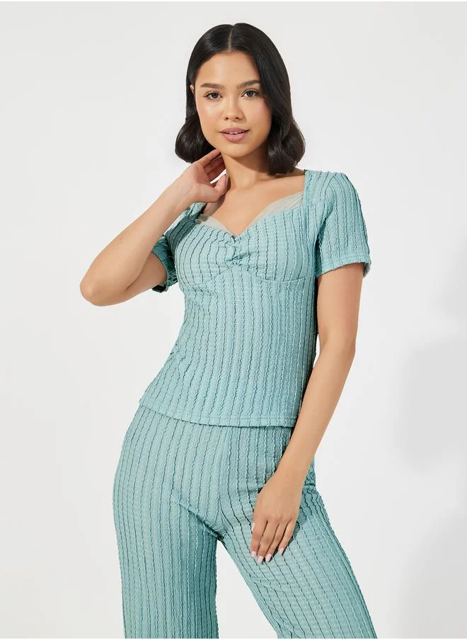 Styli Ribbed Lace Trim Gathered Top & Pyjama Set