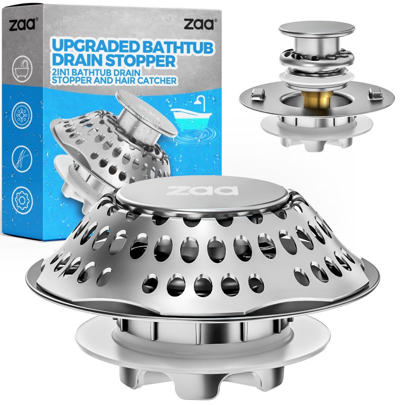 zaa Bathtub Drain Stopper Upgraded 2in1 Tub Stopper Bathtub Drain Cover and Hair Catcher Pop Up Bathtub Drain Plug Replaces Lift  Turn TipToe or Trip Lever for 1462 W Drain Hole Silver