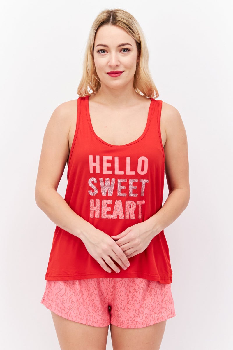 French Affair طقم نسائي مكون من قطعتين قميص مزخرف وشورتات، مجموعة حمراء - Image 1