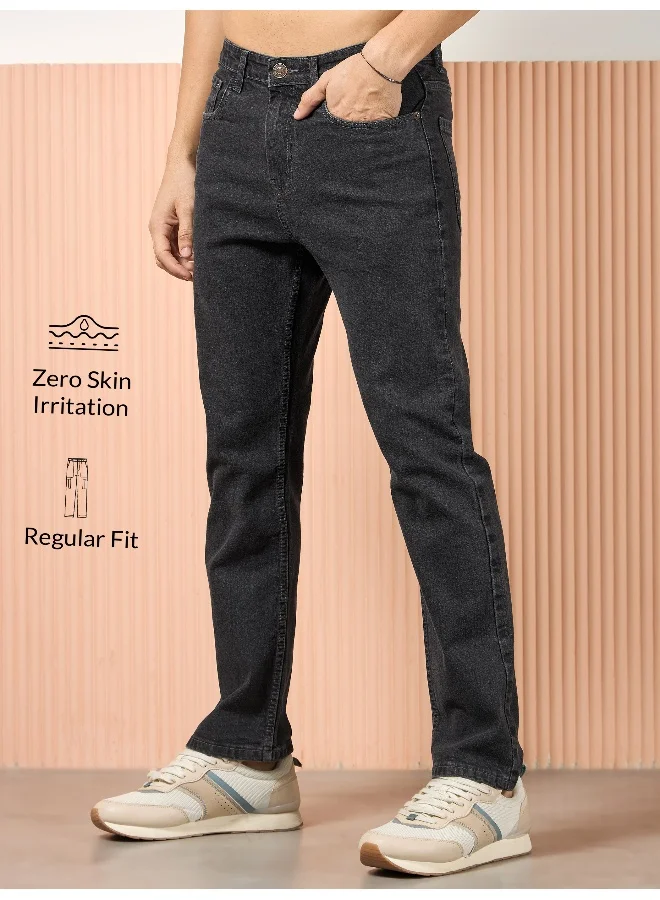 Beyoung cotton lycra Ink Black Regular Fit Jeans for men