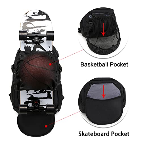 RUCYEN Skateboard Backpack, Laptop Backpack with USB Charging Port, RFID Anti-Theft Lock, Waterproof Fabric, Fits up to 15.6 Inch Laptop, for Business Travel Men (Black) - Image 2