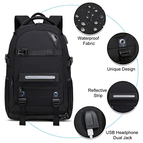 RUCYEN Skateboard Backpack, Laptop Backpack with USB Charging Port, RFID Anti-Theft Lock, Waterproof Fabric, Fits up to 15.6 Inch Laptop, for Business Travel Men (Black) - Image 4