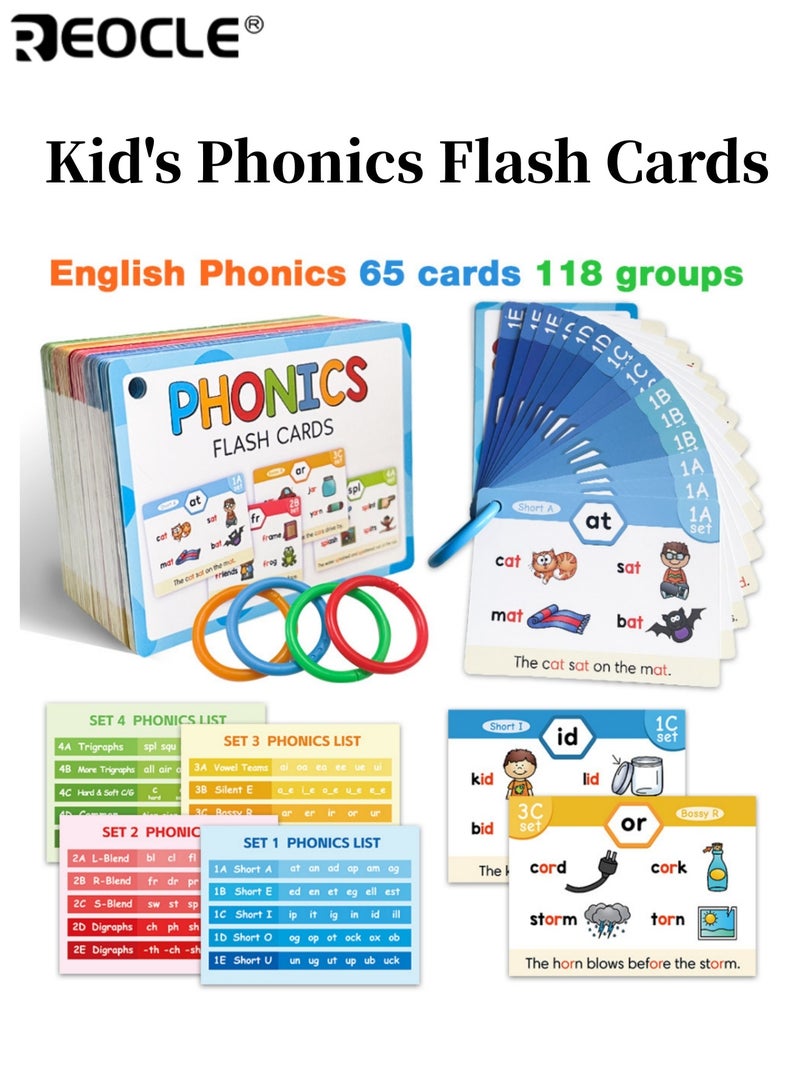 ريوكل 65 بطاقة صوتيات الأطفال بطاقات فلاش تعلم القراءة ألعاب الصوتيات CVC Digraphs يمزج أصوات حروف العلة الطويلة ألعاب تعليمية للأطفال الذين تتراوح أعمارهم بين 4 و 8 سنوات للاستخدام في الفصول الدراسية والتعليم المنزلي - Image 1
