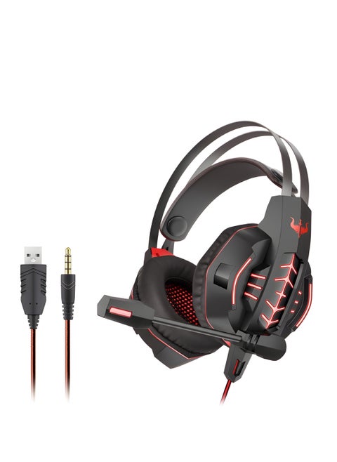 OVLENG GT63 Gaming Headset - Stereo with High-Quality Microphone and Comfortable Design - LED Effect - Compatible with USB & 3.5mm -BLACK WITH RED