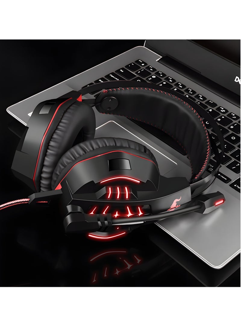 OVLENG GT63 Gaming Headset - Stereo with High-Quality Microphone and Comfortable Design - LED Effect - Compatible with USB & 3.5mm -BLACK WITH RED