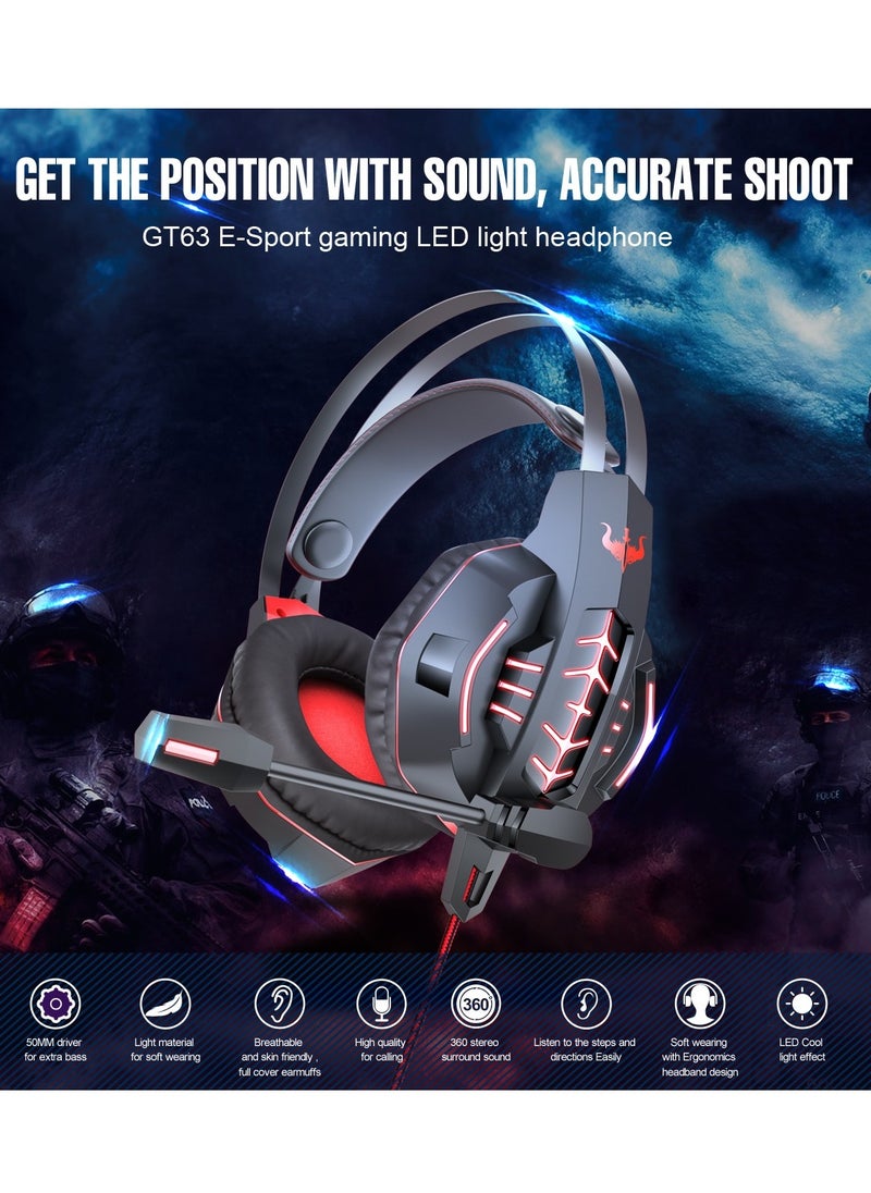 OVLENG GT63 Gaming Headset - Stereo with High-Quality Microphone and Comfortable Design - LED Effect - Compatible with USB & 3.5mm -BLACK WITH RED