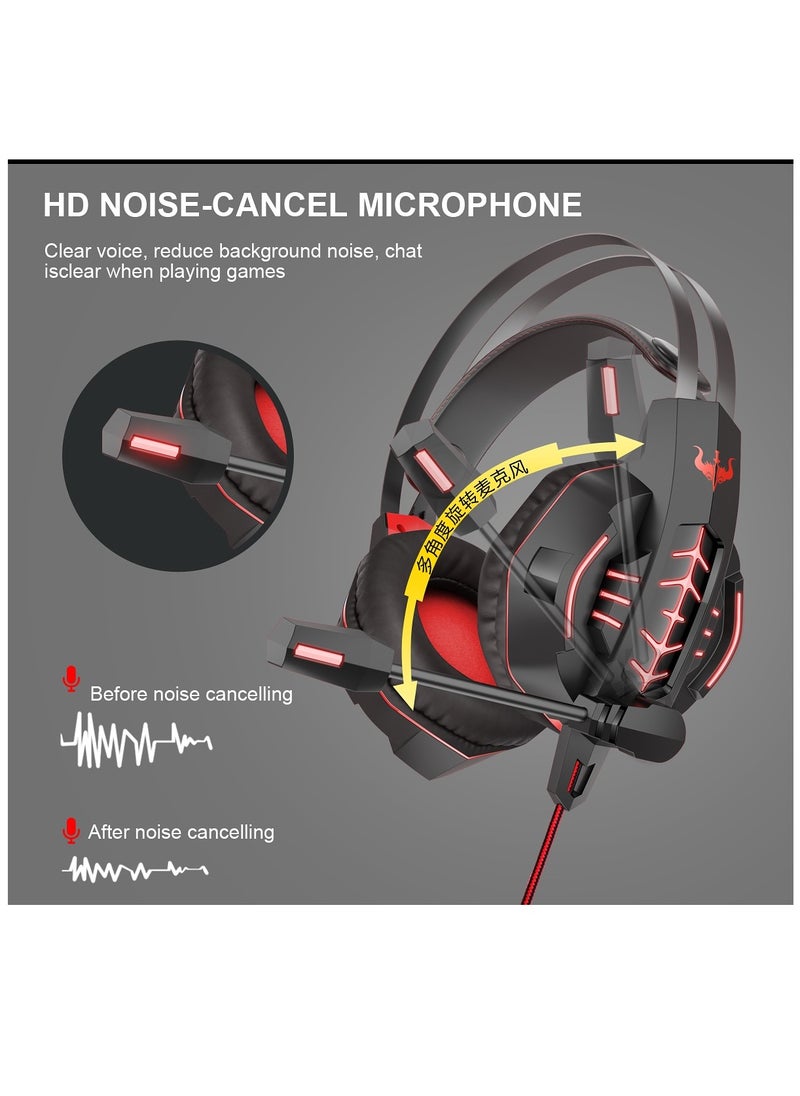 OVLENG GT63 Gaming Headset - Stereo with High-Quality Microphone and Comfortable Design - LED Effect - Compatible with USB & 3.5mm -BLACK WITH RED
