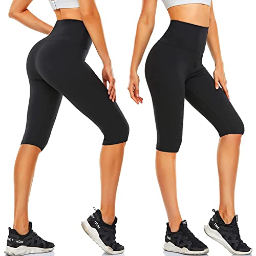 FULLSOFT Women's Knee Length Leggings-High Waisted Capri Pants Biker Shorts for Women Yoga Workout Exercise Short Casual Summer(3 Pack Capri Biack,Black,Black,Large-X-Large) - Image 2