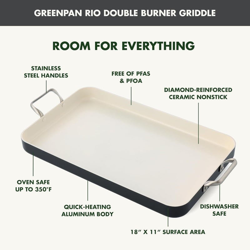 GreenPan 18 x 11 Double Burner Griddle Pan Hard Anodized Healthy Ceramic Nonstick PFASFree Stainless Steel Handles Stovetop Cooking Dishwasher Safe Oven  Broiler Safe Cookware Black - Image 3