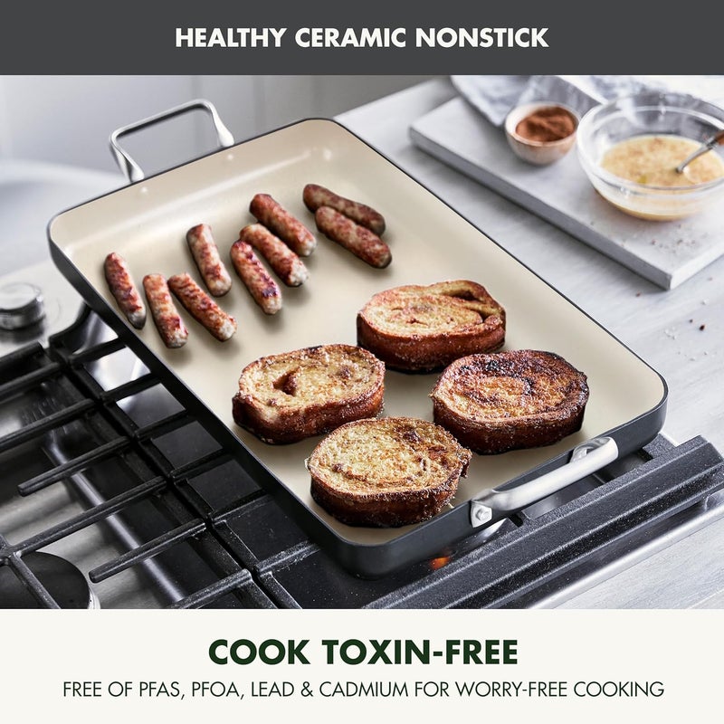 GreenPan 18 x 11 Double Burner Griddle Pan Hard Anodized Healthy Ceramic Nonstick PFASFree Stainless Steel Handles Stovetop Cooking Dishwasher Safe Oven  Broiler Safe Cookware Black - Image 2