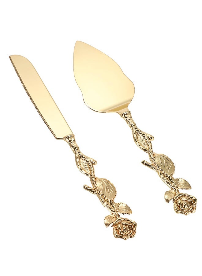 Gold Cake Knife and Server Set, Cake Pie Pastry Servers Rose Shape Handle Vintage Cake Serving Set for Wedding Birthday Parties Anniversary  and Events - Image 1