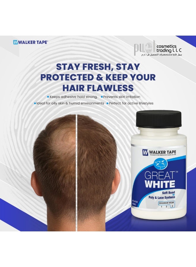 Walker Tape Great White Soft Bond Adhesive 3.4oz – Long-Lasting Hair System Glue with Built-in Brush – Water-Based, Skin-Safe, Max Hold 5 Weeks – For Wigs, Toupees, Lace & Poly Systems - Image 3