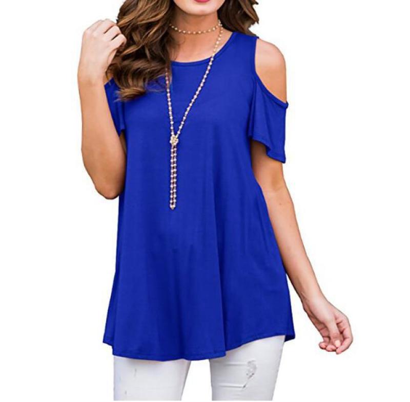 2020 Women's Crew Neck Off Shoulder Short Sleeve Top Off Shoulder T-Shirt Plus Size Women blue XXXL - Image 1