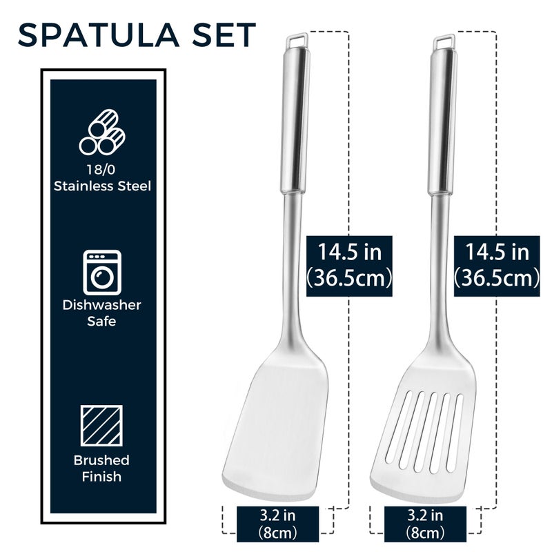 MUJINON 14.5-in Stainless Steel Spatula Set, 18/0 SS Heavy Duty Turner & Slotted Spatula for Kitchen Use, Cast Iron Grilling Frying, Pack of 2 - Image 5