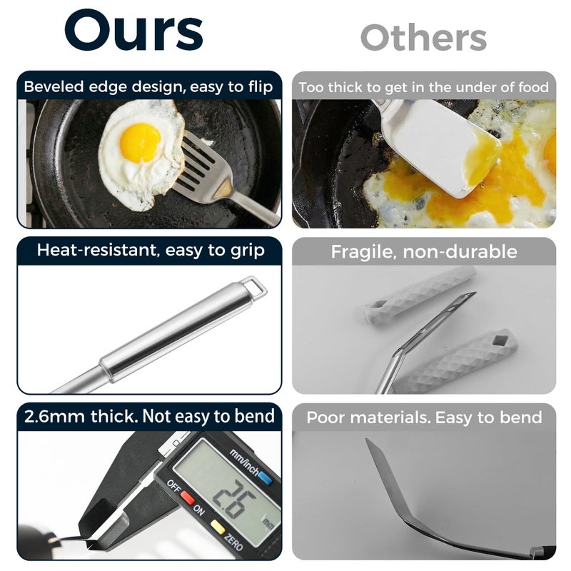 MUJINON 14.5-in Stainless Steel Spatula Set, 18/0 SS Heavy Duty Turner & Slotted Spatula for Kitchen Use, Cast Iron Grilling Frying, Pack of 2 - Image 3
