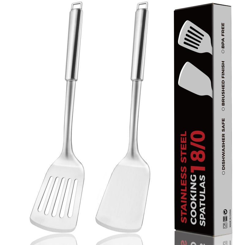 MUJINON 14.5-in Stainless Steel Spatula Set, 18/0 SS Heavy Duty Turner & Slotted Spatula for Kitchen Use, Cast Iron Grilling Frying, Pack of 2 - Image 1