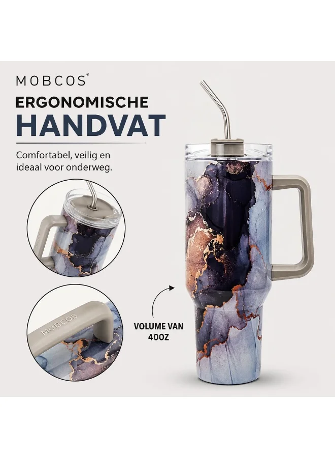 Mobcos  MOBCOS 40 Oz Stainless Steel Insulated Tumbler with Handle & Straw | Leakproof Vacuum Travel Mug | Double Wall Thermal Cup for Hot & Cold Drinks | Grey  | Best Price UAE