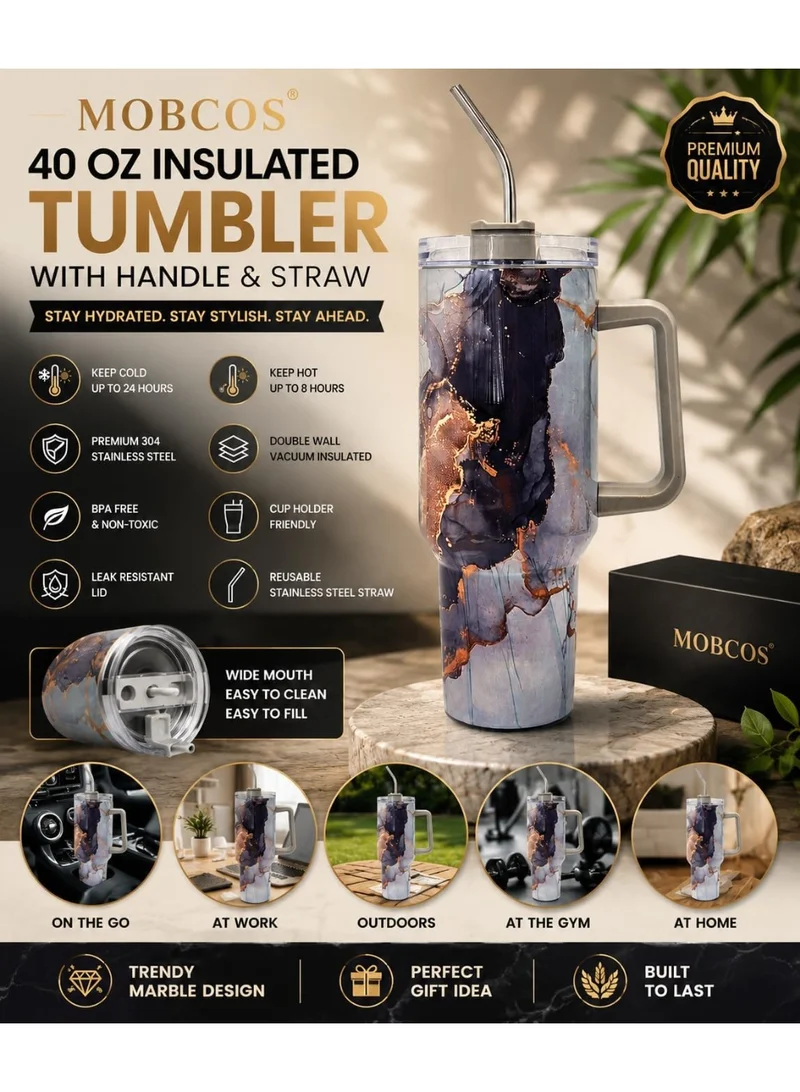 Mobcos  MOBCOS 40 Oz Stainless Steel Insulated Tumbler with Handle & Straw | Leakproof Vacuum Travel Mug | Double Wall Thermal Cup for Hot & Cold Drinks | Grey  | Best Price UAE