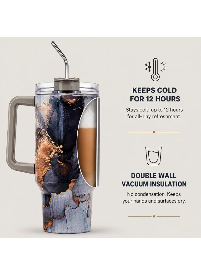 Mobcos MOBCOS 40 Oz Stainless Steel Insulated Tumbler with Handle & Straw | Leakproof Vacuum Travel Mug | Double Wall Thermal Cup for Hot & Cold Drinks | Grey