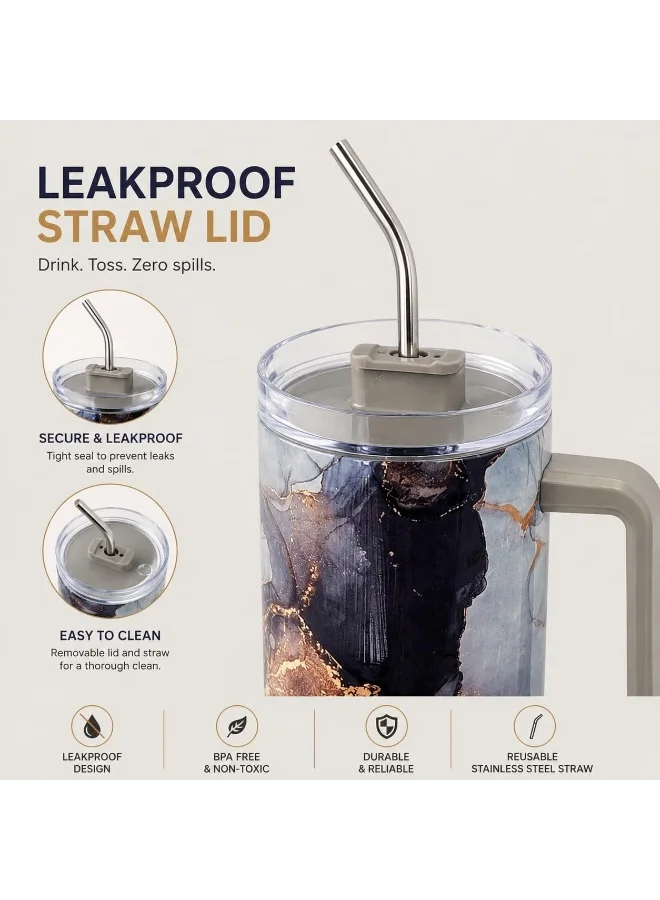 Mobcos  MOBCOS 40 Oz Stainless Steel Insulated Tumbler with Handle & Straw | Leakproof Vacuum Travel Mug | Double Wall Thermal Cup for Hot & Cold Drinks | Grey  | Best Price UAE