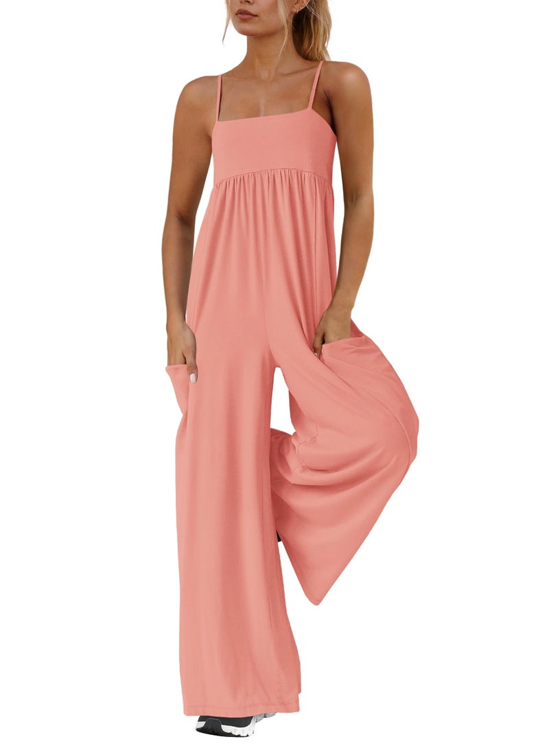 Yanekop Womens Overalls Loose Fit One Piece Jumpsuits Wide Leg Jumpsuits Spaghetti Strap Summer Jumpsuit with Pockets(Pink Orange,S) - Image 1