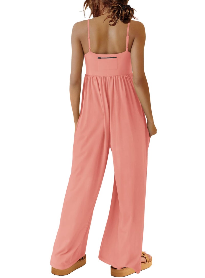 Yanekop Womens Overalls Loose Fit One Piece Jumpsuits Wide Leg Jumpsuits Spaghetti Strap Summer Jumpsuit with Pockets(Pink Orange,S) - Image 2