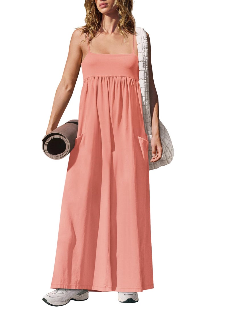 Yanekop Womens Overalls Loose Fit One Piece Jumpsuits Wide Leg Jumpsuits Spaghetti Strap Summer Jumpsuit with Pockets(Pink Orange,S) - Image 3