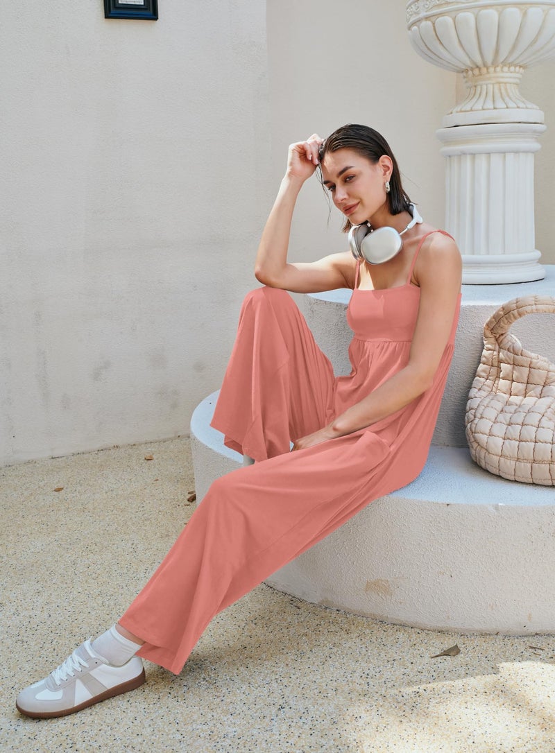 Yanekop Womens Overalls Loose Fit One Piece Jumpsuits Wide Leg Jumpsuits Spaghetti Strap Summer Jumpsuit with Pockets(Pink Orange,S) - Image 5