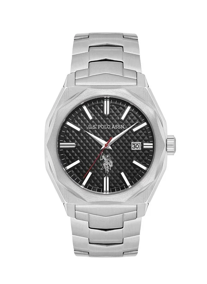 U.S. Polo Assn. U.S. Polo Assn. Fundamental Men's 43mm Silver Watch with Black Geometric Dial & Stainless Steel Bracelet - USPA1059-03, Modern Elegance