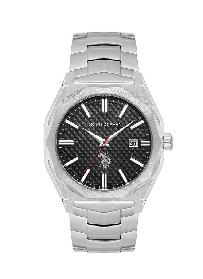 U.S. Polo Assn. U.S. Polo Assn. Fundamental Men's 43mm Silver Watch with Black Geometric Dial & Stainless Steel Bracelet - USPA1059-03, Modern Elegance  - Image 1