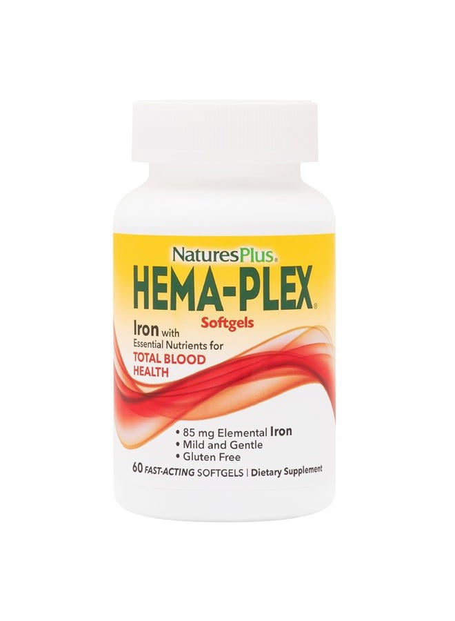 Nature's Plus Hema-Plex Iron - 60 Fast-Acting Softgels - 2 Pack - 85 mg Iron + Vitamin C & Bioflavonoids for Healthy Red Blood Cells - Vegan, Gluten Free - 40 Total Servings - Image 1