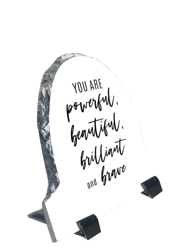 Service Zone Protective Printed White Rock Shape Marble Photo Frame for Table Top You Are Powerful Beautiful Brilliant And Brave  - Image 2