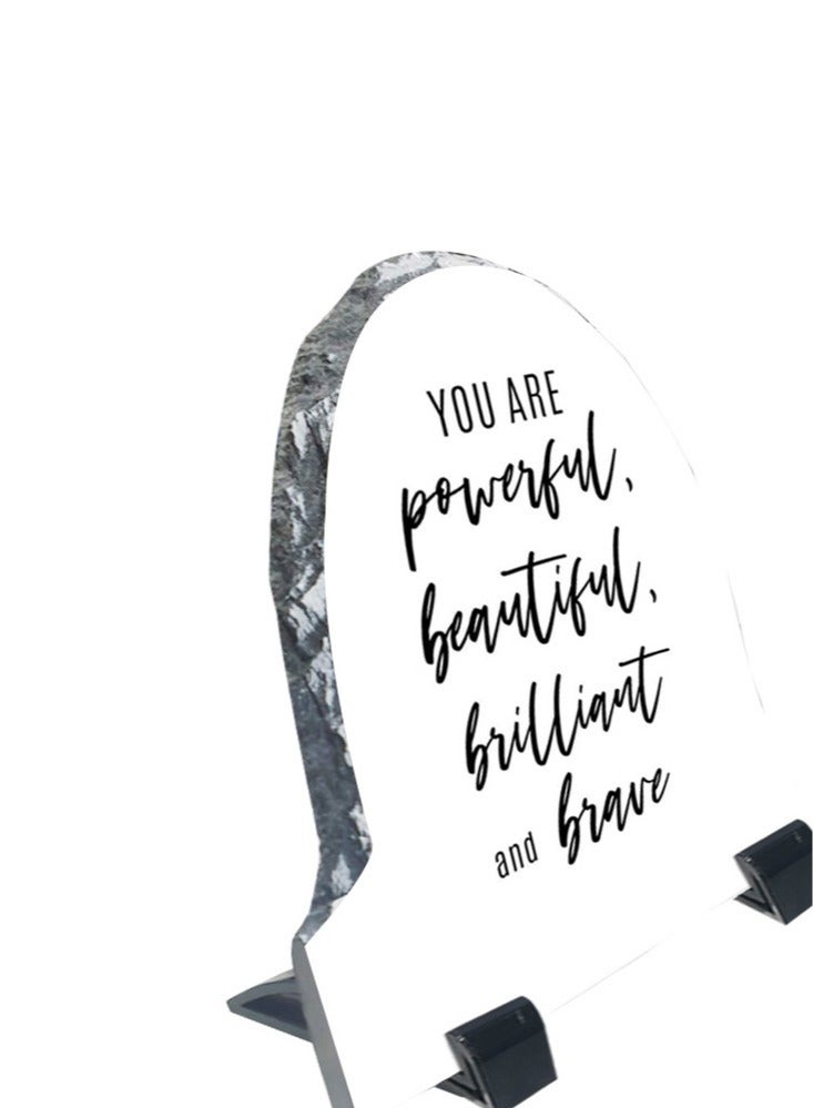 Service Zone Protective Printed White Rock Shape Marble Photo Frame for Table Top You Are Powerful Beautiful Brilliant And Brave  - Image 3